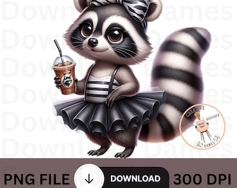 Trashy aber Edel Waschbär in niedlichen tutu Tier print Schleife Katze trash Panda Eiskaffee Geliebte PNG digitaler Download Clipart Grafik DIY