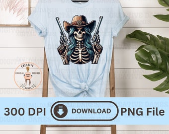 Esqueleto de vaquera occidental con pistolas Vaquero PNG Coqueta oscura Cráneo estético fantasma salvaje oeste vaquera era camisa taza vaso bolso de mano taza de vidrio