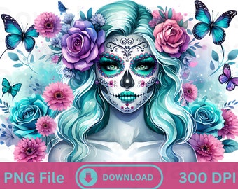 Vaso delgado con diseño de calavera de azúcar, Día de los Muertos, sublimación de 20 oz, archivo PNG, descarga digital, clipart, diseño de camiseta, taza, pastel gótico