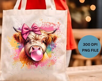 Highland Kuh Png Sublimationsentwurf Rosa Bogen Shirt Design Süße Färse Clipart Kuh Blowing Bubble Tshirt Design Kokette Valentinstag Grafik