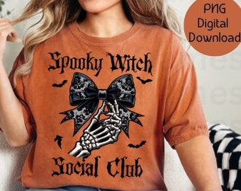 Spooky Witch Social Club Png Coquette black bow Halloween Skeleton hand Spooky Season Png, Salem Witch Png, Sublimation clipart Designs