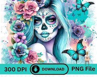 Sugar Skull Lady Skinny Tumbler Wrap, Tag der Toten, 20 Unzen Sublimation, PNG-Datei digitaler Download Clipart Tshirt Becher Design Pastel Goth