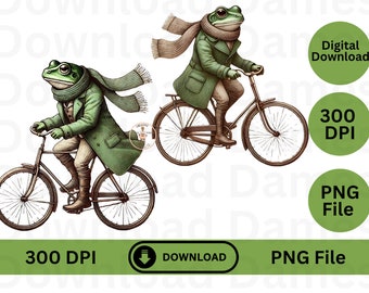 Cottage Kern Vintage Style Frosch auf Antikes Fahrrad Frosch mit Schal PNG Datei Grafik Clipart Journal Wand Kunst kokett Dekor