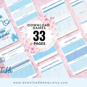 May include: A collection of printable planner pages with a soft pink background. The pages feature blue and white designs with text such as "Mindful Nurses Planner" and "Self-Care Menu." The image includes the text "Download Dames 33 Pages" and "Printable."