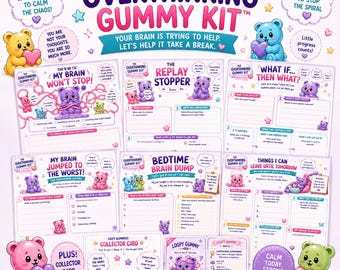 Overthinking Gummy Kit for Teens & Tweens, Fun Anxiety Coping Worksheets, Worry Brain Dump, CBT Thought Spiral Printable