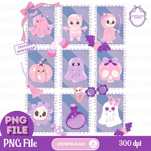 Peut inclure: Un fichier PNG numérique présentant une collection d'illustrations mignonnes sur le thème d'Halloween. L'image comprend une pieuvre rose, une momie, une faucheuse, une citrouille, un fantôme, un crâne, une fleur, une bouteille de potion et un autre fantôme. Le fichier est étiqueté "PNG File" et "300 dpi".