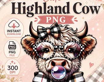 Cute Bougee Scottish Highland Cow PNG with Plaid Bow and Glasses, Bubblegum Cow Digital Download, Western Sublimation Design, Farm clipart