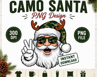 Weihnachtsmann im Camouflage-Look (PNG), weihnachtliches Sublimationsdesign, jagender Weihnachtsmann mit Geweih und Sonnenbrille, Sofort-Download für T-Shirts und Sweatshirts