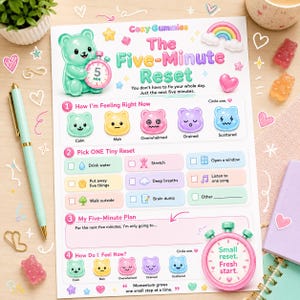 Puede incluir: Una hoja de trabajo de papel blanco titulada Cozy-Gummies The Five-Minute Reset con ilustraciones en tonos pastel de ositos de goma, un arcoíris y un temporizador rosa. Incluye secciones para registrar sentimientos y planificar actividades.