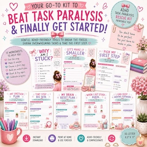 Op de afbeelding: Een digitale ADHD-taakverlamming-reddingskit met meerdere printbare werkbladen met roze en paarse accenten. De pagina's bevatten prompts zoals Why Am I Stuck, Let's Make It Smaller en Pick My First Step voor planning en organisatie.