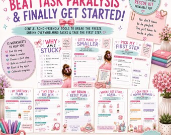 ADHD Task Paralysis Kit, Executive Dysfunction Help, Task Initiation Worksheets, Overwhelm Reset, Getting Started Printable for Adults