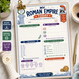 以下が含まれることがあります： My Roman Empire Todayと題されたデイリープランナーシート。優先順位、時間枠、習慣、気分のセクションがあります。ヘルメット、柱、コインなどのローマ風のイラストが描かれており、Building Great Days、Conquering My Goals、I Don't Chase Dreams, I Build My Empireといったテキストが含まれています。