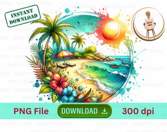 Clipart al tramonto sulla spiaggia dell’acquerello, disegni clipart di fiori tropicali di palma Hawaii per tumbler a sublimazione di arte da parete Design Summer Ocean Vibe
