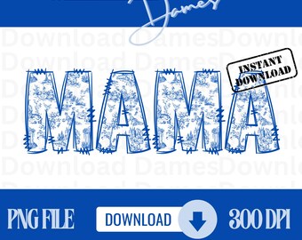 Chinoiserie MAMA PNG Design Blau Toile de Jouy Mom Clipart mit Bögen Vintage Becher Ästhetik Kokette Stil Muttertag Shirt Sublimation