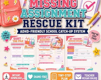 Missing Assignment Rescue Kit Printable: ADHD-Friendly School Catch-Up Worksheets for Teens And tweens homework tracker