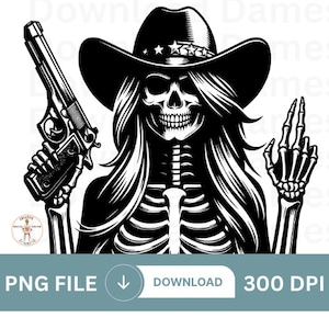 Può includere: Illustrazione in bianco e nero di uno scheletro che indossa un cappello da cowboy e tiene una pistola in una mano e fa un gesto con l'altra.