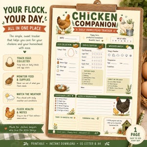 Op de afbeelding: Een Chicken Companion dagelijkse homestead-tracker op een klembord. Het document bevat secties voor eierverzameling, voer, weerbericht en de gezondheid van de toom, met illustraties van kippen, eieren en een kippenhok met tekst.