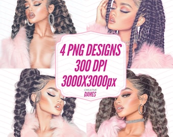 Confident fashion Boss babe Bundle Png braids cozy and confident Clipart light skin Black Woman Afro girly girl power Lady planner design