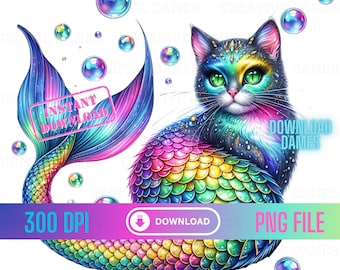 Neon Katze Meerjungfrau Purrmaid Sommer Liebhaber bunt Clipart funkelnden Regenbogen Schuppen Trendy Mercat Design Sublimation Glitzer Kawaii Sea Kitten