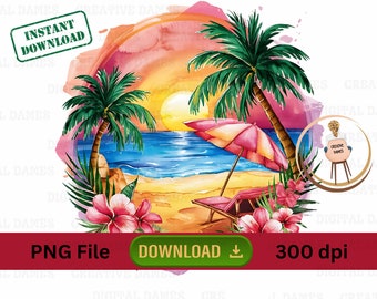 Watercolor Beach Sunset Clipart, Palm Tree Hawaii Tropical Flower clipart designs for tumblers wall art sublimation Design Summer Ocean Vibe