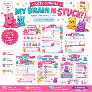 Könnte beinhalten: Ein sechseitiges, druckbares Aktivitätsset mit dem Titel Cozy Gummies My Brain Is Stuck, das bunte Cartoon-Bären, Aufgabenblätter, eine Werkzeugkiste, Erinnerungskarten und eine Bonus-Sammelkarte mit Anleitungen für Kinder und Jugendliche enthält.