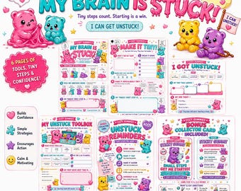 Task initiation printable pdf for kids and teens , Executive Function Worksheet , cozy gummy activity bundle, Kawaii candy getting unstuck