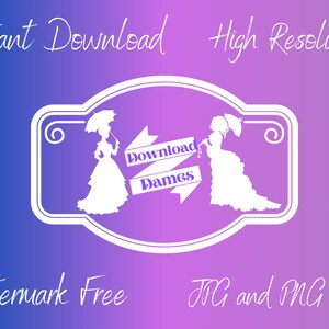 K&ouml;nnte beinhalten: Zwei wei&szlig;e Silhouetten von Frauen in viktorianischen Kleidern, die Sonnenschirme halten, mit dem Text "Download Dames" auf einem lila Banner. Der Hintergrund ist ein Farbverlauf von Lila und Blau. Der Text "Sofort-Download", "Hohe Aufl&ouml;sung", "Wasserzeichenfrei" und "JPG- und PNG-Dateien" ist ebenfalls im Bild enthalten.