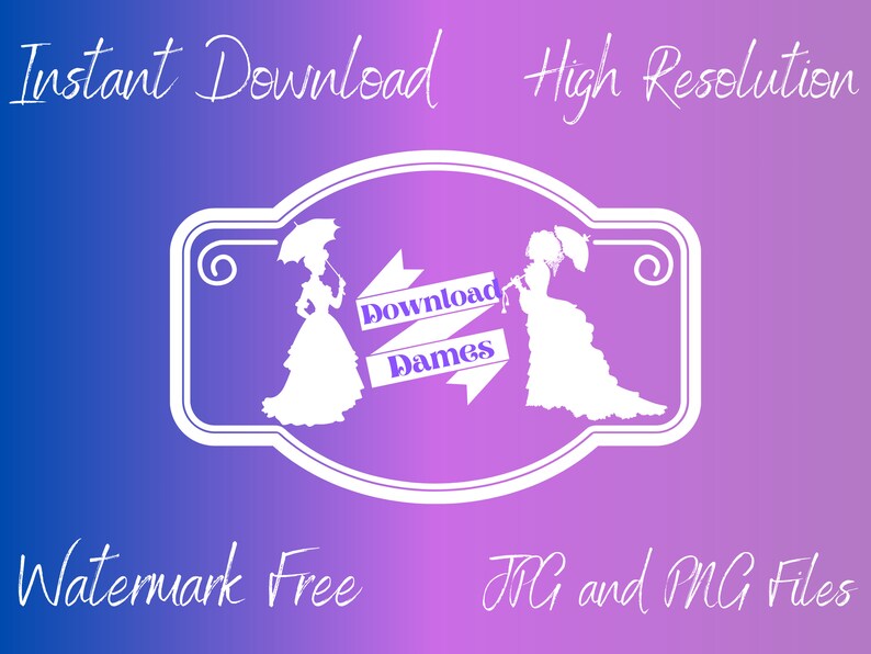 K&ouml;nnte beinhalten: Zwei wei&szlig;e Silhouetten von Frauen in viktorianischen Kleidern, die Sonnenschirme halten, mit dem Text "Download Dames" auf einem lila Banner. Der Hintergrund ist ein Farbverlauf von Lila und Blau. Der Text "Sofort-Download", "Hohe Aufl&ouml;sung", "Wasserzeichenfrei" und "JPG- und PNG-Dateien" ist ebenfalls im Bild enthalten.
