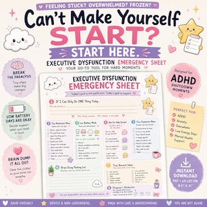 May include: An Executive Dysfunction Emergency Sheet printed on 8.5 inch by 11 inch paper. The document features a pastel color palette with illustrations of clouds, stars, and hearts. It includes sections for daily goals, tiny momentum tasks, low battery mode, help scripts, dopamine menus, brain dumps, and reward ideas.