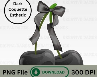 PNG Dark Coquette Ciliegie nere Fiocco Fiocchi di nastro Coquette nera File Download digitale Goth Abbigliamento Room Decor Sublimazione camicia clipart