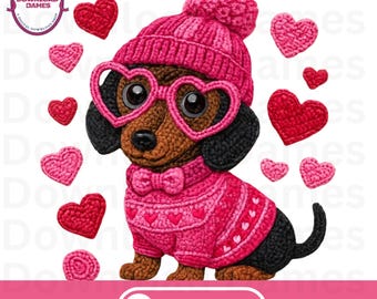 Valentine Kunstgarn Dackel PNG | Häkeln Stricken Hund Clipart | Kokette Herzwelpe Kunst | Niedliches Plüschtier Valentine | 300 DPI PNG Hundeliebhaber