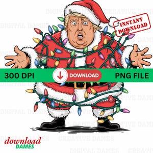 Puede incluir: Una ilustración de dibujos animados de un hombre vestido de Papá Noel, enredado en luces navideñas. Lleva un traje rojo con ribetes blancos, una barba blanca y un gorro de Papá Noel. Las luces están envueltas alrededor de su cuerpo y son de varios colores, incluyendo rojo, verde, azul, amarillo y morado. El hombre tiene una expresión de sorpresa en su rostro.