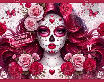 Candy Sugar Skull Mädchen PNG Dia de los Muertos Tumbler Wrap Halloween Sublimation Digitaler Download Skeleton Clipart Sugarskull