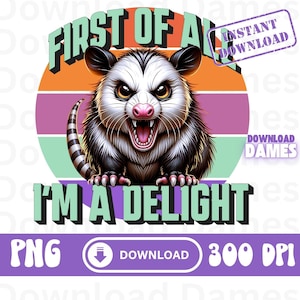 Tout d'abord, je suis un délice sarcastique fichiers PNG, Opossum PNG drôle, opossum en colère Png, chemise vintage design rétro sublimation, téléchargement Png