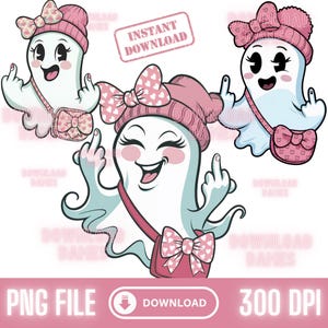 Può includere: Tre illustrazioni digitali di fantasmi rosa e bianchi con cappelli e borse rosa. I fantasmi stanno facendo il dito medio. Il testo "INSTANT DOWNLOAD" è in un rettangolo rosa nella parte superiore dell'immagine.