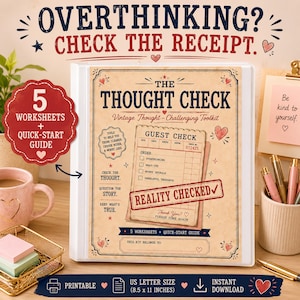 Puede incluir: Una carpeta blanca con una portada de estilo vintage titulada The Thought Check, Vintage Thought-Challenging Toolkit. El diseño incluye un gráfico de una cuenta de restaurante con casillas para marcar pensamientos negativos y preocupaciones.