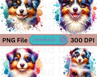 Australian Shepherd Aquarell PNG Grafik Clipart Datei Aussie Dog Mom Bunte Aussie Art Sofortiger Download zur Verwendung auf Hemden, Tassen, Kissen