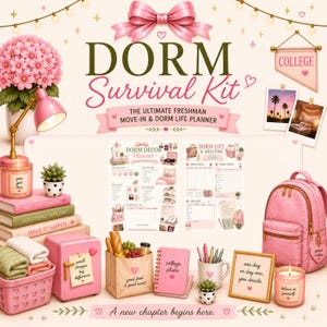 May include: A Dorm Survival Kit graphic featuring a pink theme with a desk lamp, stacked books, a mini fridge, a pink backpack, a paper grocery bag, a notebook, a mug with pens, a candle, and two planner pages titled Dorm Decor and Dorm Life.