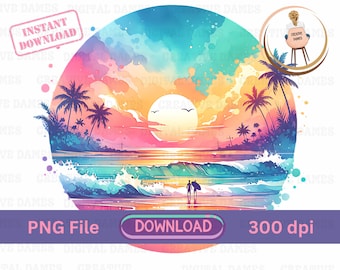 Watercolor Beach Sunset Clipart, Palm Tree Hawaii Tropical  graphic designs for tumblers wall art sublimation Design Summer Ocean Vibe