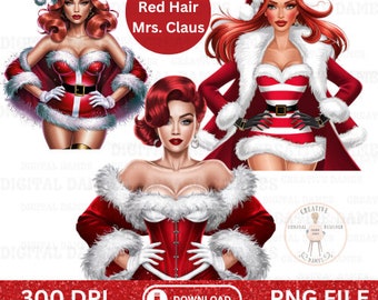 Weihnachten Red Head Hair Girl Sexy Mrs. Santa Claus Digital Design Planner Clipart Tumbler Wrap Becher Tshirt Weihnachtsanzug Fräulein Urlaub PNG-Datei