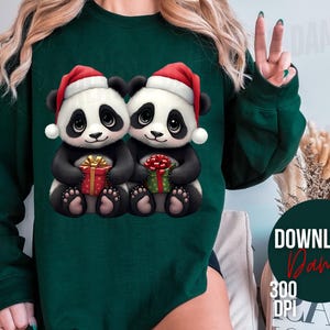 Clipart de osos panda gemelos navideños para sublimación, envoltorios para vasos, camisetas, sudaderas, tazas y más. Archivo PNG de animales del zoológico