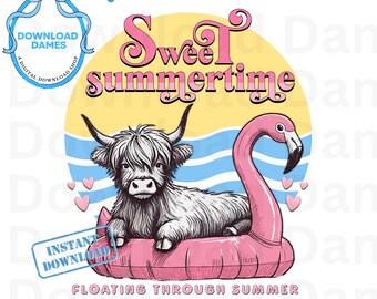 Sweet Summertime Highland Cow Sublimation Retro Coconut Girly Summer Vibes Pink Flamingo Float PNG Beach Clipart Coastal Cowgirl Farm Animal