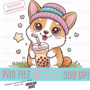 Süße Corgis Wintermütze Cipart Corgis trink Boba Tee Clipart Pastell Hund digitaler download Datei Kawaii süßer Hund Kinderzimmer Illustration Kaffee
