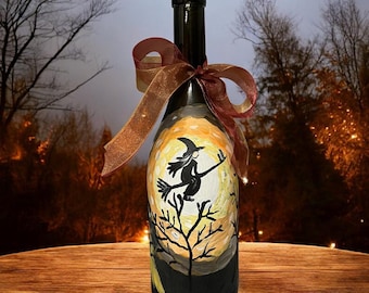 Handpainted Witch Wine Bottle: Autumn Halloween Decor