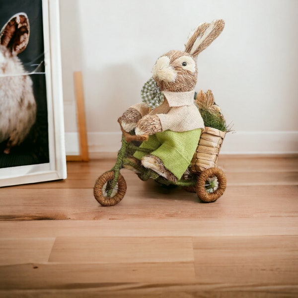 Cute Nordic Straw Rabbits Riding a Tricycle Decoration, Handmade Straw Animal Decor, Straw Rabbit Ornament, Unique Nordic Decor Gifts