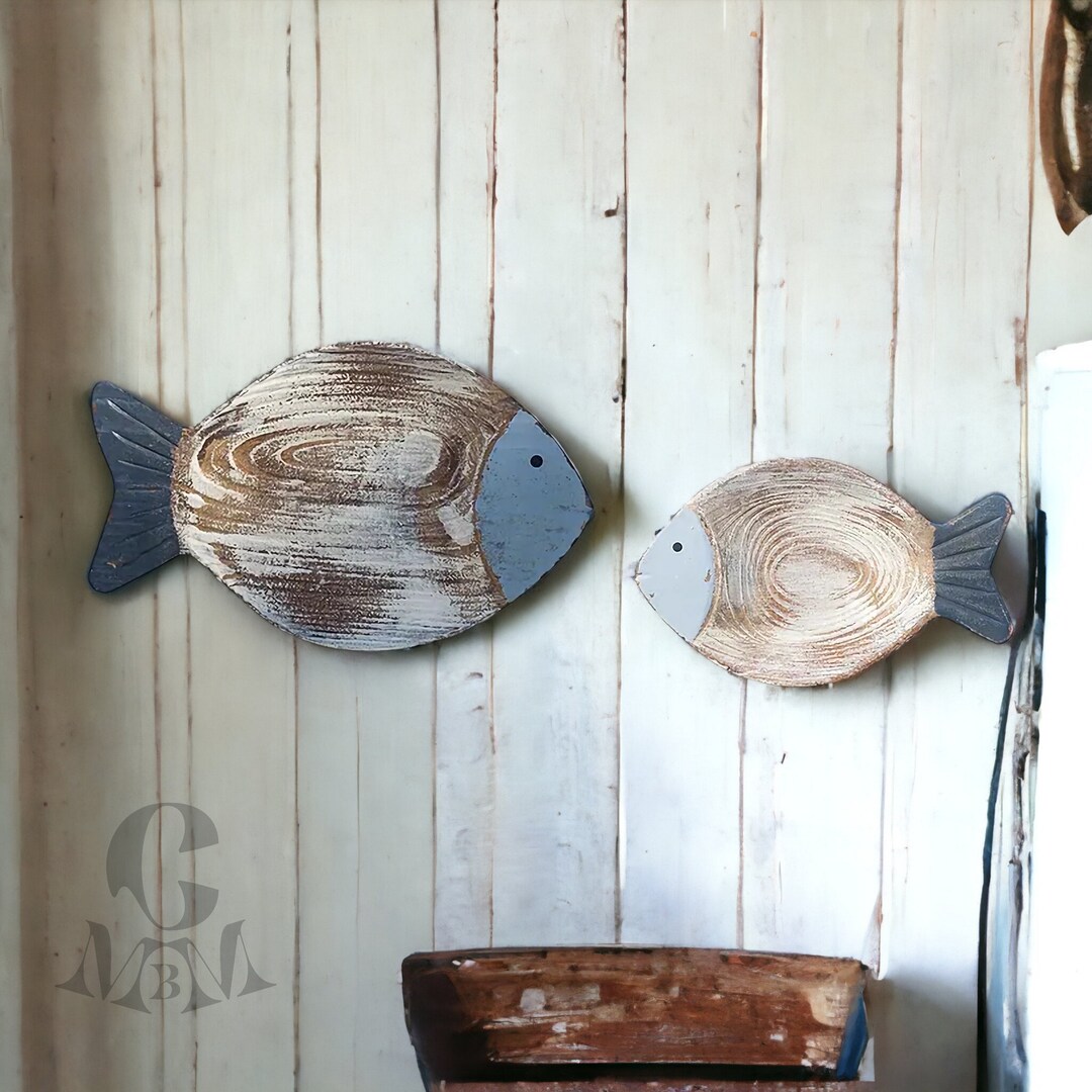 2 Piece Wood Fish Wall Art, Handmade Wall Hanging Decor, Wooden Fish