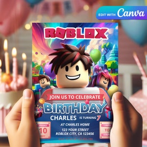 Convite de aniversário com tema Roblox - modelo de design de cartão de evento digital para imprimir em papel e enviar para amigos. Projeto Roblox