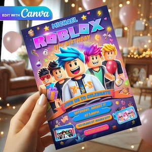 Convite de aniversário estilo Roblox - modelo de design de cartão postal digital para imprimir em papel e enviar aos amigos. Modelo Сanva
