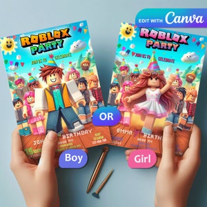 Invitación de cumpleaños estilo Roblox: plantilla de diseño de postal imprimible digital, dos tarjetas para niño o niña