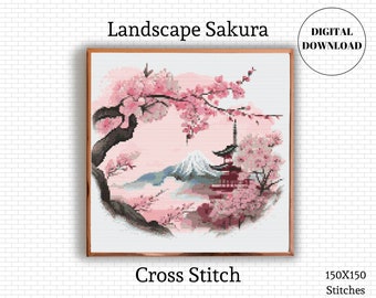 Landscape Cross Stitch Pattern | Sakura Cross Stitch | Embroidery Pattern | Cross Stitch Kit | Japan Cross Stitch | Instant Download PDF